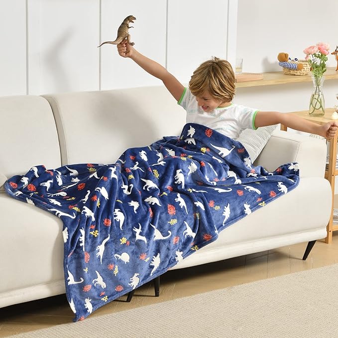 SOCHOW Glow in The Dark Throw Blanket 60 x 80 Inches, Jurassic Dinosaur Pattern Soft Cozy Flannel Fleece Blanket for Sons Daughters, All Seasons Navy Blue Presents Blanket for Preteens Teens