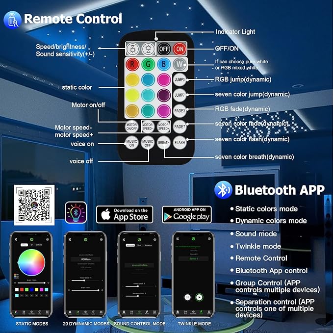 AMKI Updated 16W Starlight Headliner Kits 650pcs 0.03in 9.8ft Twinkle + Music Mode Mixed APP Remote Sound Control Car Home RGBW Fiber Optic Light Star Ceiling Light Kit