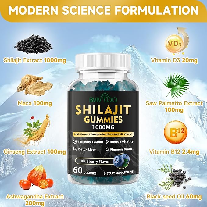 Pure Himalayan Shilajit Gummies for Men & Women - Sugar-Free Shilajit Supplement Rich in 85+ Trace Minerals & Fulvic Acid, Providing Energy, Brain, and Immunity Support - 60 Gummies