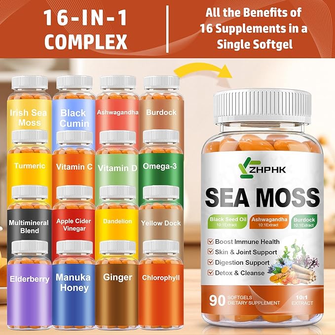Organic Sea Moss Softgels with Black Seed Oil, Ashwagandha, Burdock, Turmeric, Elderberry, Omega 3 for Immune System, Skin, Joint, Energy, Gut Support 90-Count, 45 Days Supply