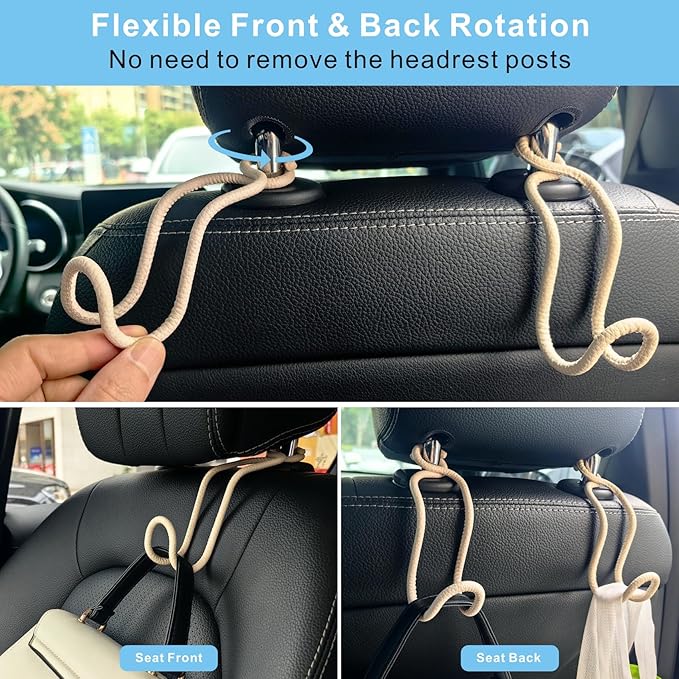 Purse Hooks for Car - 2 Pack Universal Back Seat Storage Holder with Anti-Drop Lock Loop for Vehicle Truck SUV, Car Headrest Hanger for Hat Bag Grocery Handbag Coat Must Have Stuff- Beige Leather/2L
