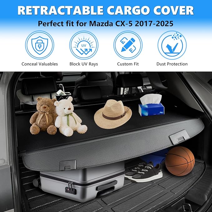 MIALUTY® Cargo Cover for 2017-2025 Mazda CX5 Retractable Trunk Cover CX-5 Accessories Anti-Peeping Anti-Theft Privacy Screen,Trunk Luggage Shield Shade Carbon Fiber Texture