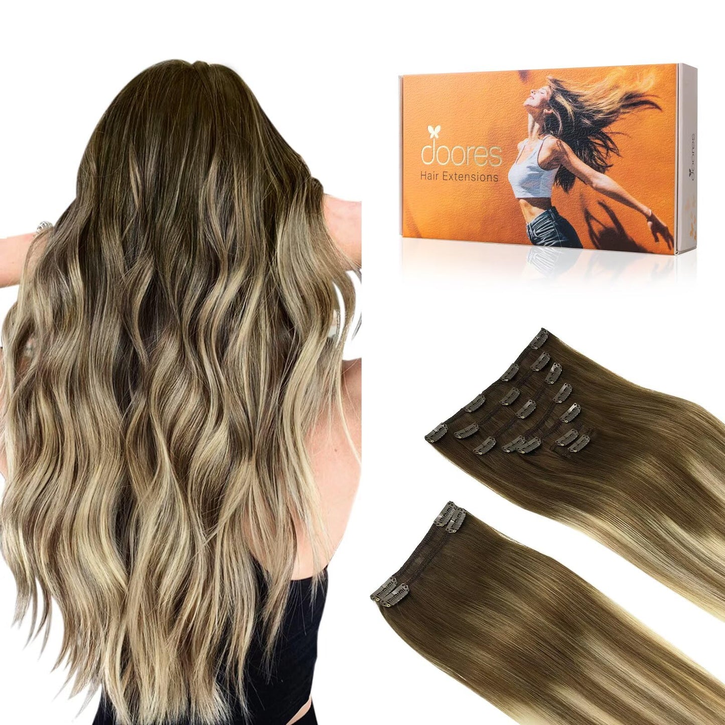 Doores Hair Extensions Clip In Human Hair, Balayage Walnut Brown To Ash Brown And Bleach Blonde 150G 9Pcs 20 Inch, Real Human Ha