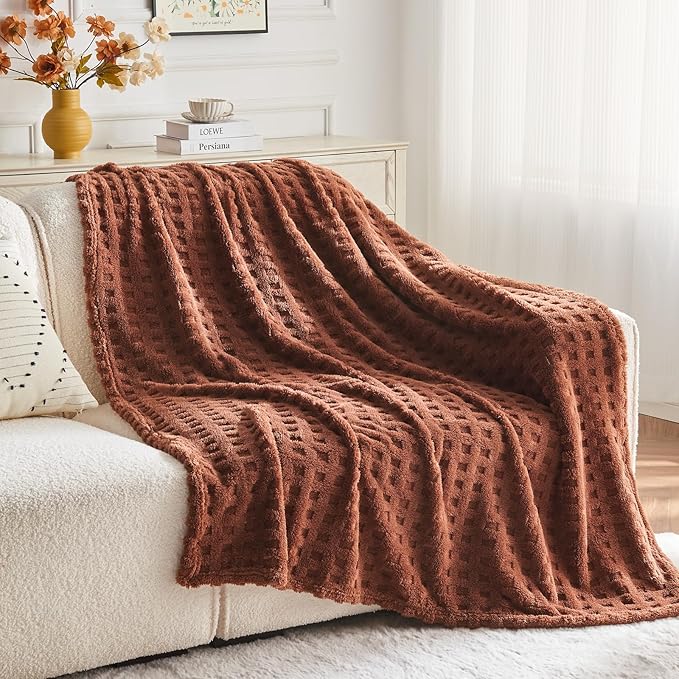 NEWCOSPLAY Super Soft Twin Blanket Coffee Premium Silky Flannel Fleece 3D Waffle Checkered Lightweight Bed Blanket All Season Use (Coffee, Twin(60"x80"))