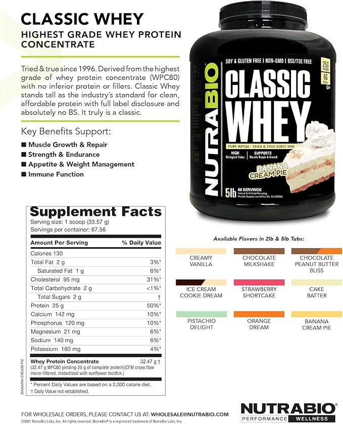 NutraBio Classic Whey Protein Powder- 25G of Protein Per Scoop - Full-Spectrum Amino Acid Profile - No Fillers, Artificial Colors, Preservatives - Low Glycemic Index - Creamy Vanilla, 2 Pounds