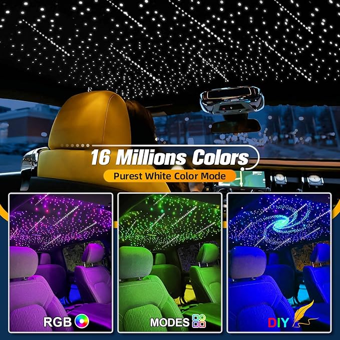 12W Twinkle & Meteor 2 in 1 RGBW Starlight Headliner Kit, 450pcs of(0.03+0.04+0.06in)*9.8ft+96pcs Shooting Star kit for Car Roof/Home Ceiling with Bluetooth APP/Remote Control/Music Effect