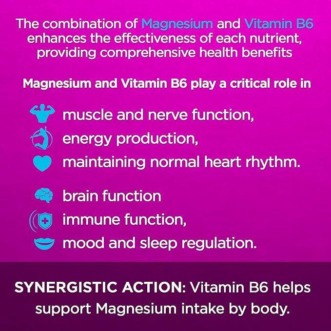 Magnesium & Vitamin B6 - Helps Maintain Muscle Health - Supports Brain Health & Nerve Function - Helps Daily Vitality & Sleep Quality - Recovery Boost - Dietary Supplement - 100 Tablets