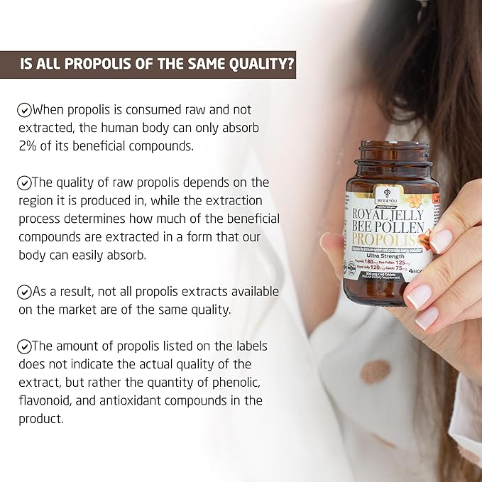 BEE and You Royal Jelly + Propolis + Bee Pollen Chewable Tablets - High Potency - No Artificial Flavor/Preservatives - No Added Sugar- No Soy/Milk/Gelatin/GMO/Gluten, 500 mg x 60 Tablets