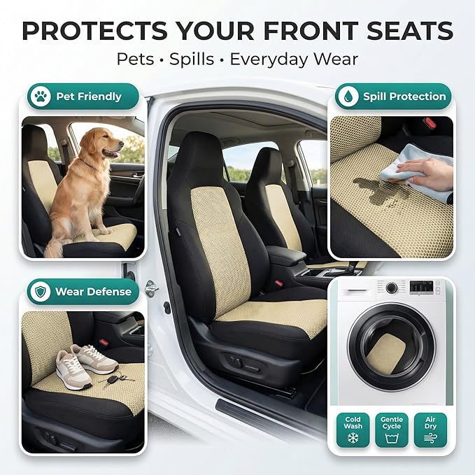 FH Group Automotive Full Car Seat Covers for SUV, Trucks, Sedan and More - Universal Fit Front High Back & Rear Solid Bench Design Interior Accessories - 3D Air Mesh Fabric Center Panel - Beige
