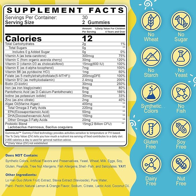 Sugar Free Kids Multivitamin Gummies with Iron, Probiotics, Vegan Omega 3 (EPA/DHA), Kids Daily Vitamins A, C, D, B Complex, Zinc for Healthy Growth, Immune, Brain, Bone, Orange Flavor, 120 Counts