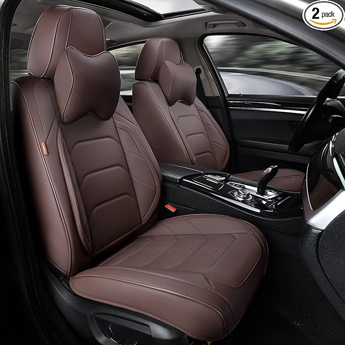 Brown Car Seat Covers Front Pair, Breathable Leather Automotive Front Seat Covers & Headrest for Reduce The Driving Fatigue, Compatible with Most Vehicles, Cars