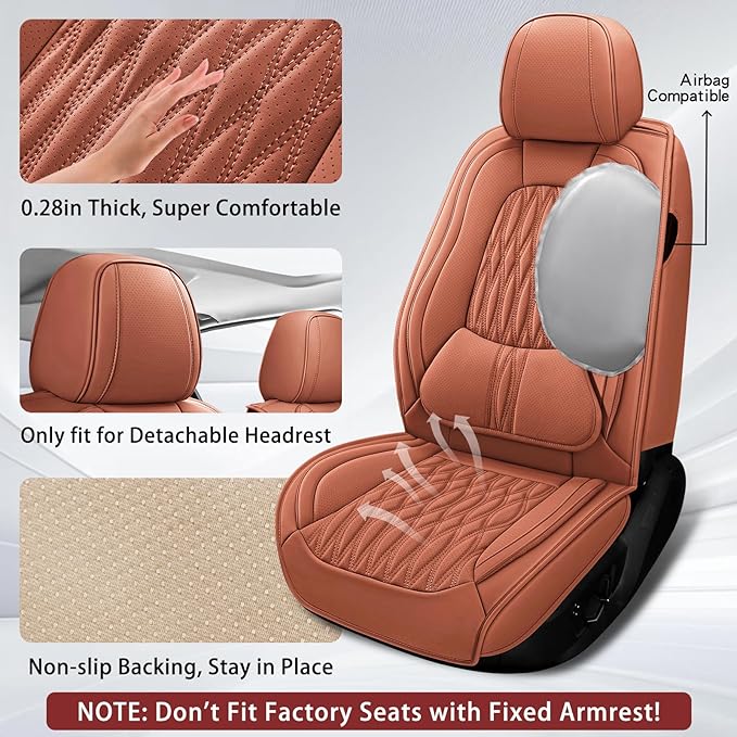 WELLDO Car Seat Covers Full Set, Leather Seat Covers for Car, Waterproof Car Seat Protector with Lumbar Support, Automotive Seat Covers Universal Fit for Most Cars SUV Truck, Brown