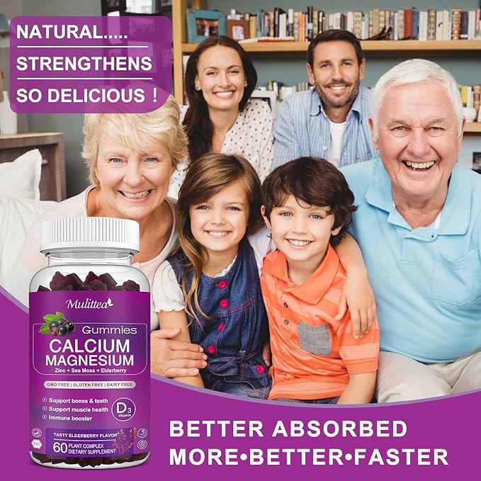 Calcium Magnesium Zinc Gummies with High Absorption Magnesium Glycinate 200mg, Potassium -Plant Calcium Supplement w/ D3 & Sea Moss for Bone, Muscles, Calm Mood & Sleep Support- Kids & adults (2 Pack)