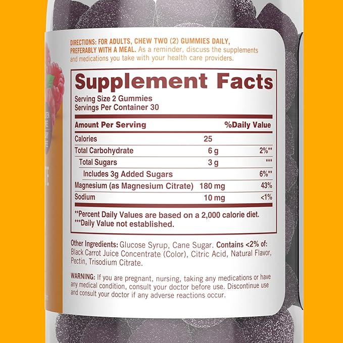 Sundown Magnesium Citrate Gummies, Supports Nerve, Bone & Muscle Health, Vegetarian, Raspberry Flavored, 60 Count (Pack of 2)