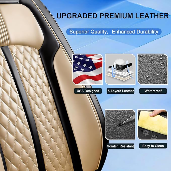 Fit Mazda 3 Car Seat Covers for Select Mazda 3 2010-2019 - Full Coverage Leather, Airbag Compatible, Waterproof & All Weather Breathable Seat Cushion Protector, Front Pair Black+Beige