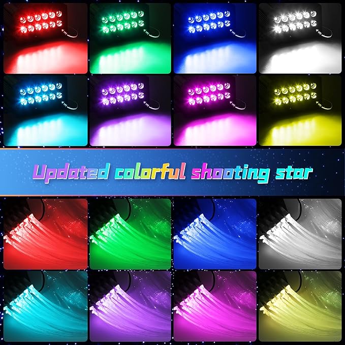 Car Starlight Headliner Kit, 4 Colors 32W Twinkle & Meteor Fiber Optic Ceiling Lights, 2 in 1 Light Engine 500pcs*0.03in*13.1ft+240 RGBW Shooting Stars Lights for Car Roof Décor