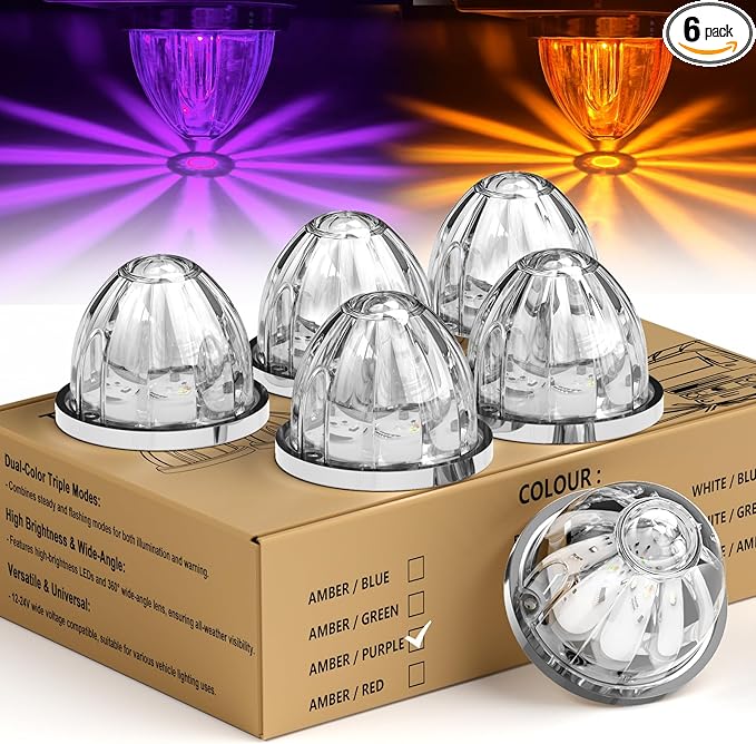 6-Pack Dual Color Watermelon Lights LED Strobe & Steady Cab Roof Clearance Marker Warning Lights Amber Purple Side Marker Lamp with Bezel for Truck Trailer RV Off-Road Vehicle