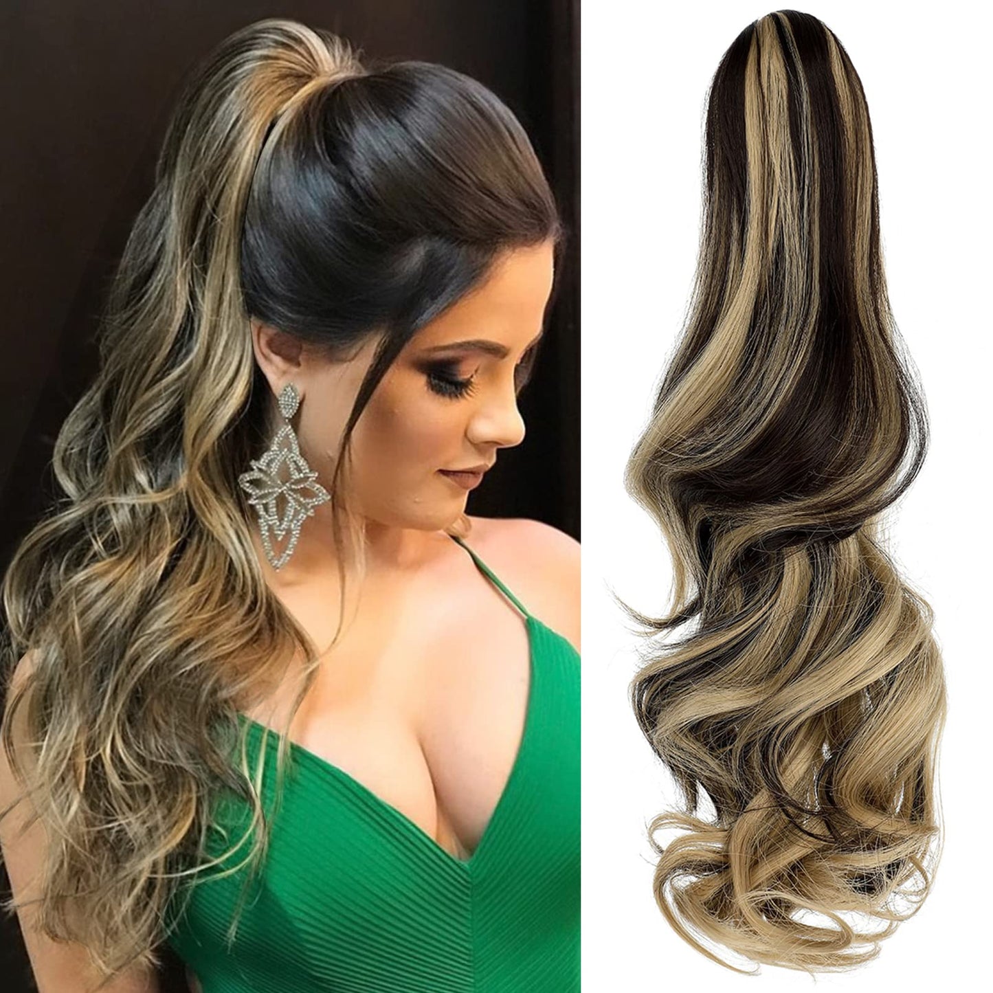 Leterly Ponytail Extension Clip In Claw 18'' Curly Wavy Pony Tails Clip-On Long Hairpiece Jaw For Women Ash Blonde Mix Brown