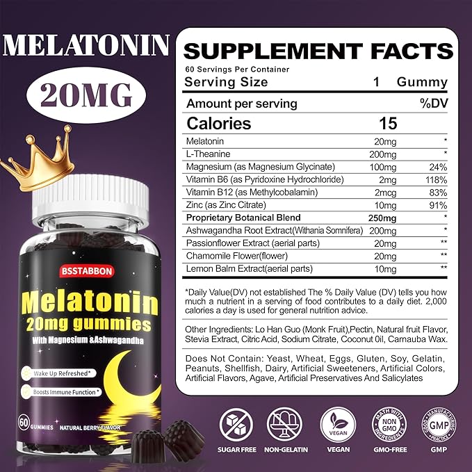 Melatonin Gummies 20mg for Women Men: Sugar Free Chewable Supplement with Zinc L-Theanine Ashwagandha Magnesium Lemon Balm and Chamomile - Maximum Strength for Adults Natural Berry Flavor(60count)