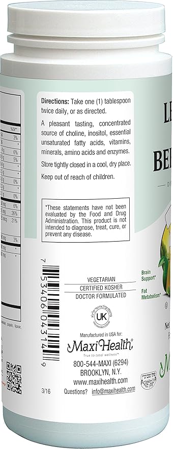 Maxi Health Lecithin & Bee Pollen - Brain, Energy and Digestion Support - 14 Oz Powder - Kosher