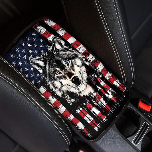 Wolf American Flag Print Center Console Armrest Cover for Car,Armrest Cushion Cover Pad, Auto Interior Accessories Universal Fit