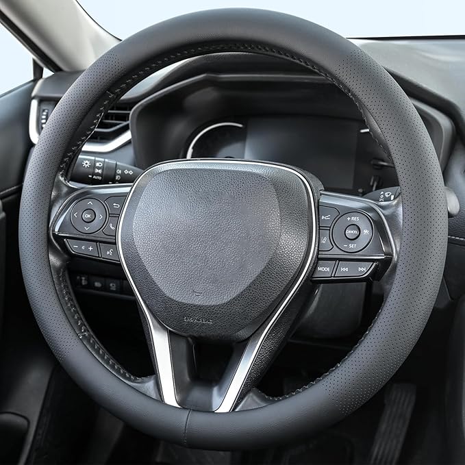 Nappa Leather Steering Wheel Cover, Universal 14.5–15 Inch Non-Slip Breathable Steering Wheel Cover for Cars, Black