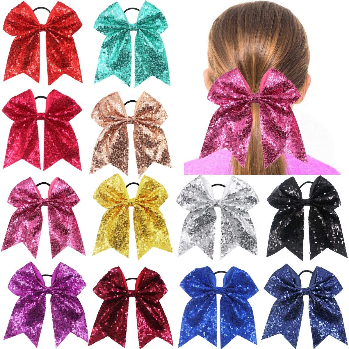 C  Llot 12 Packs Jumbo Cheerleading Bow 8 Inch Cheer Hair Bows Large Cheerleading Hair Bows With Ponytail Holder For Teen Girls