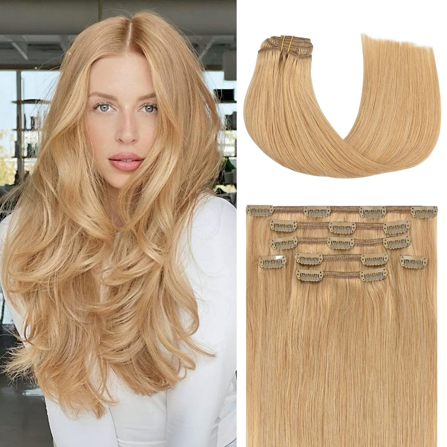 Honsoo Hair Extensions Clip In Real Human Hair Honey Blonde 20In Clip In Hair Extensions Real Human Hair 70G 7Pcs No Shedding No