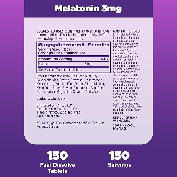 Natrol Melatonin 3mg, Strawberry-Flavored Dietary Supplement for Restful Sleep, 150 Fast-Dissolve Tablets, 150 Day Supply (Pack of 12)
