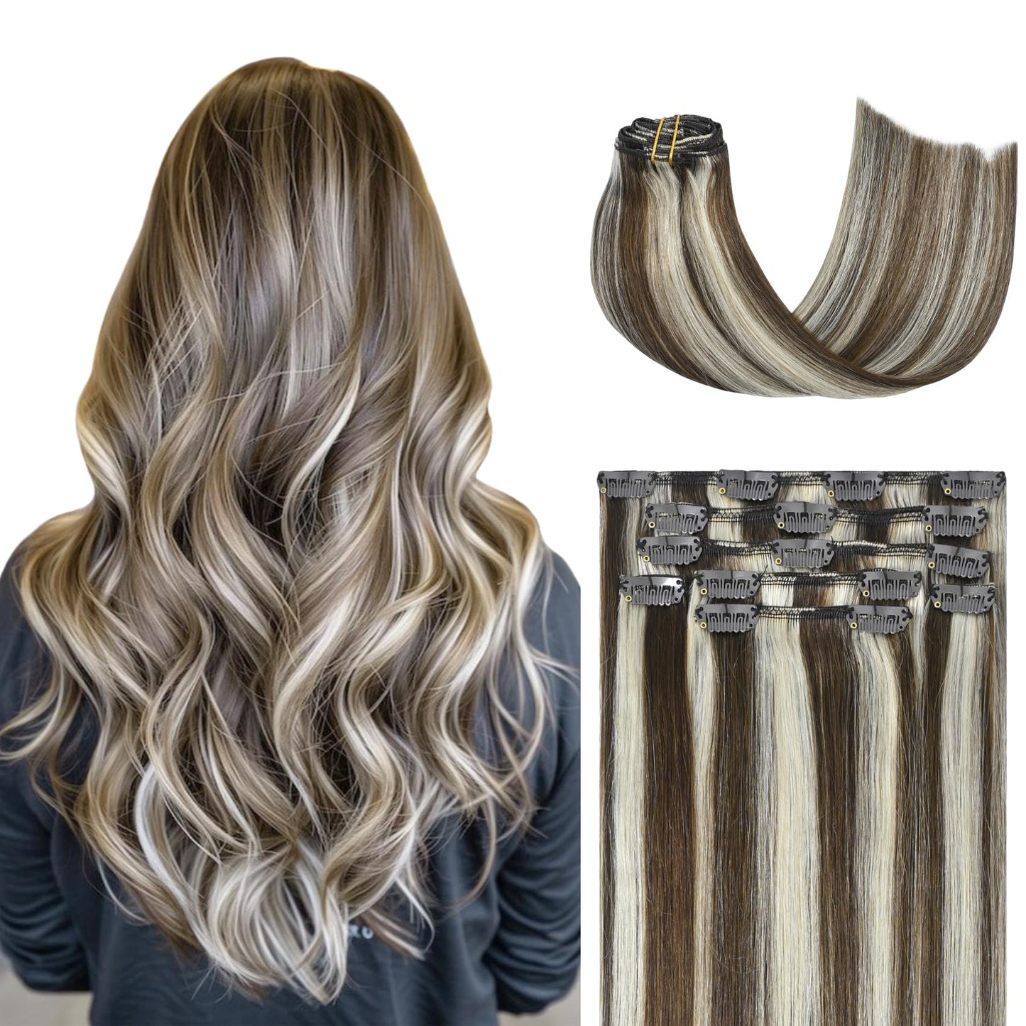 Honsoo Seamless Clip In Hair Extensions Real Human Hair Medium Brown To Blonde 18In 70G 7Pcs Vrigin 9A Natural Hair For Women