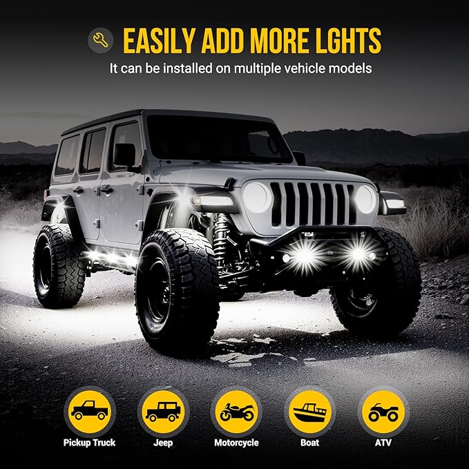 Hovano 8 Pods COB White Rock Lights, 120 COB Chips 6500K Pure White Super Bright Neon Underglow, IP68 Waterproof Shockproof Off-Road Light Kit for Pickup Trucks, SUV, UTV, ATV, RZR, Cars & Boats