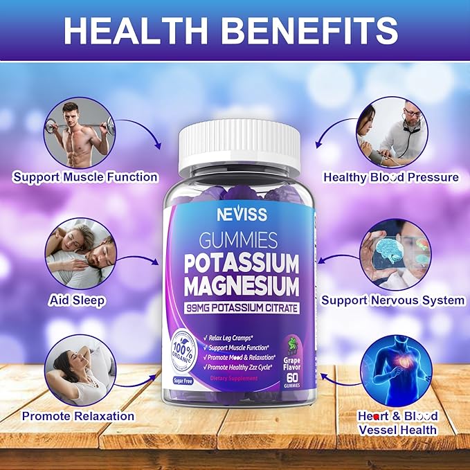 Potassium Magnesium Gummies - Potassium Supplement w/Ashwagandha 200mg, High Absorption Magnesium Glycinate,B6,B12,P-otassium Citrate for Leg Cramps,Muscle,Electroyte for Adults Kids,Sugar-Free,1Pack