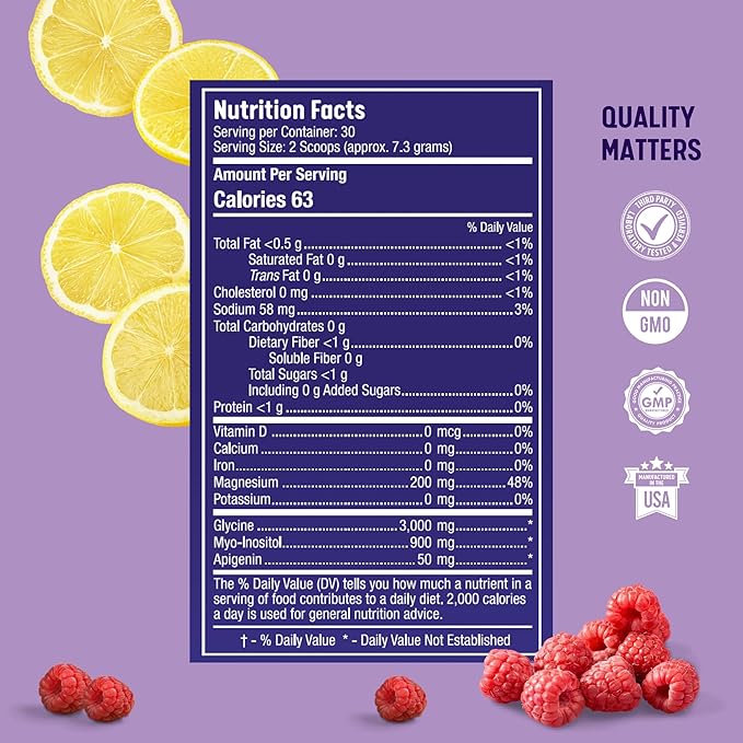 Natural Sleep Support Supplement with Magnesium Glycinate, Myo-Inositol, Apigenin & Glycine, Melatonin Free, Sleep Aid for Adults, Non GMO, Gluten Free, Vegan, Raspberry Lemon Flavor, 30 Svgs