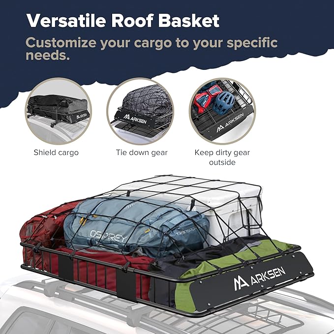 ARKSEN 64" x 39" x 6" Roof Rack Cargo Basket with Extension, Cargo Net & Ratchet Straps, 150 lb Heavy-Duty Steel Rooftop Carrier, Fits Crossbars up to 1.38" Thick, for SUV & Pickup Truck