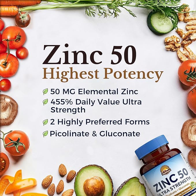 Vitalitown Zinc 50 mg, Zinc Picolinate, Zinc Gluconate, 240 Veggie Capsules, No Zinc Oxide, Well-Absorbed, Chelated Zinc Supplement, Immune System, Healthy Skin & Development, Vegan, Non-GMO