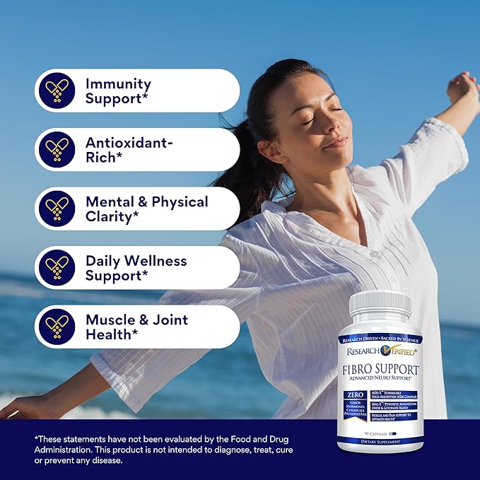 Research Verified Fibro Support - 90 Capsules - MSM, Magnesium, Vitamin D3, BioPerine - 1 Month Supply - Vegan