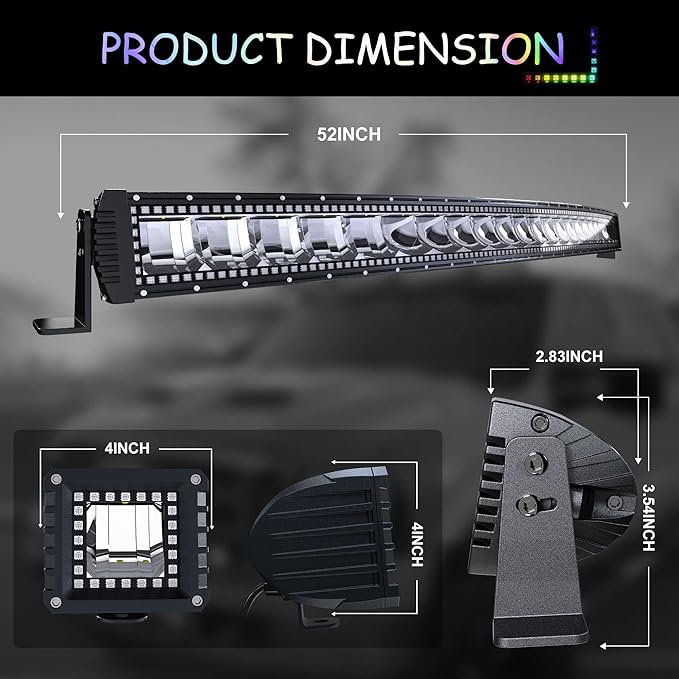 52" Curved RGB LED Light Bar 2X 4 Flood LED Pods with Chasing RGB Halo 16 Solid Colors Offroad Driving Fog Lights with Switch Wiring Harness