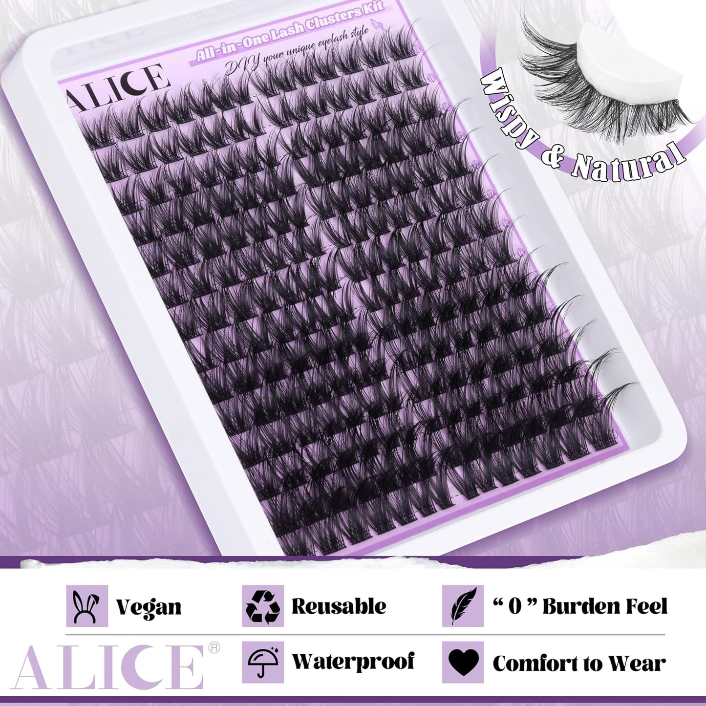ALICE DIY Eyelash Extension Kit | 196pcs Natural Wispy Clusters | 10-18mm