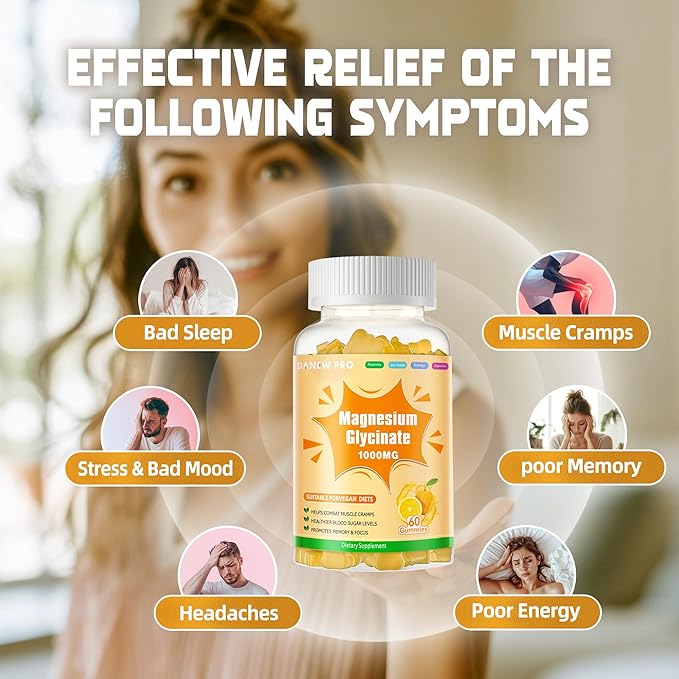 Magnesium Glycinate Gummies 1000mg - Sugar Free Magnesium Potassium Supplement with Vitamin D, B6, CoQ10 for Calm Mood & Sleep Support - 120 Orange Gummies