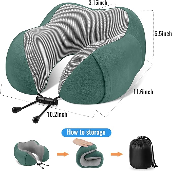 CloudBliss Travel Pillow Premium Memory Foam, Comfortable & Supportive Neck Pillow, Neck Pillows for Sleeping Travel, Airplane Pillow for Sleeping Airplane, Car, Office and Home（Black & Green）
