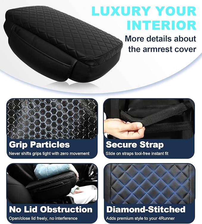 Armrest Cover for Toyota 4Runner Center Console Pad with Organizer Storage Pockets, Black Faux Leather Arm Rest Lid Protector Cushion Interior Accessories (2010-2024)