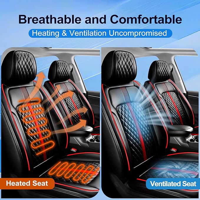 Fit Mazda 3 Car Seat Covers for Select Mazda 3 2010-2019 - Full Coverage Leather, Airbag Compatible, Waterproof & All Weather Seat Cushion Protector, Full Set, Black with Red Trim