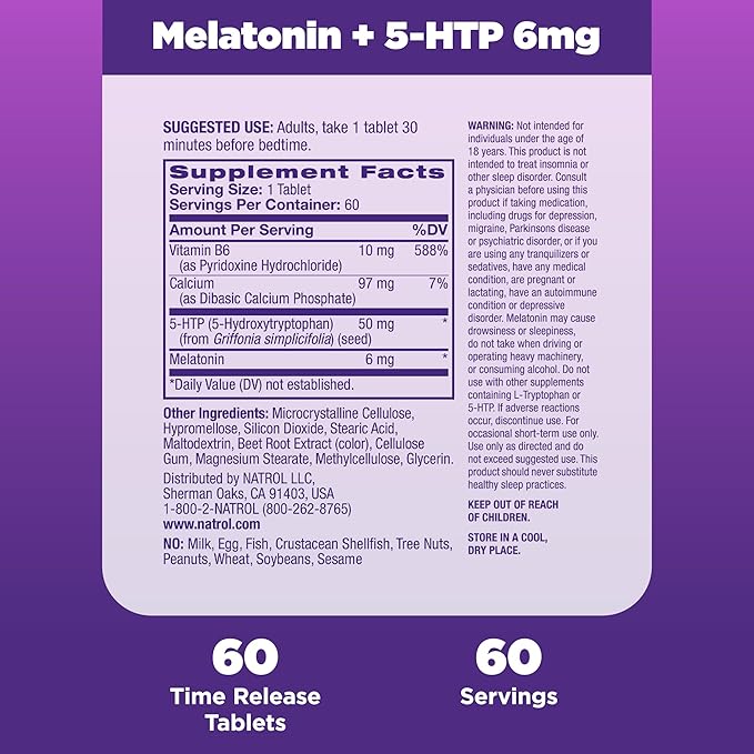 Natrol Advanced Sleep Melatonin + 5HTP, 6mg, Calming Sleep Aid for Restful Sleep, 60 Time-Release Tablets, 60-Day Supply