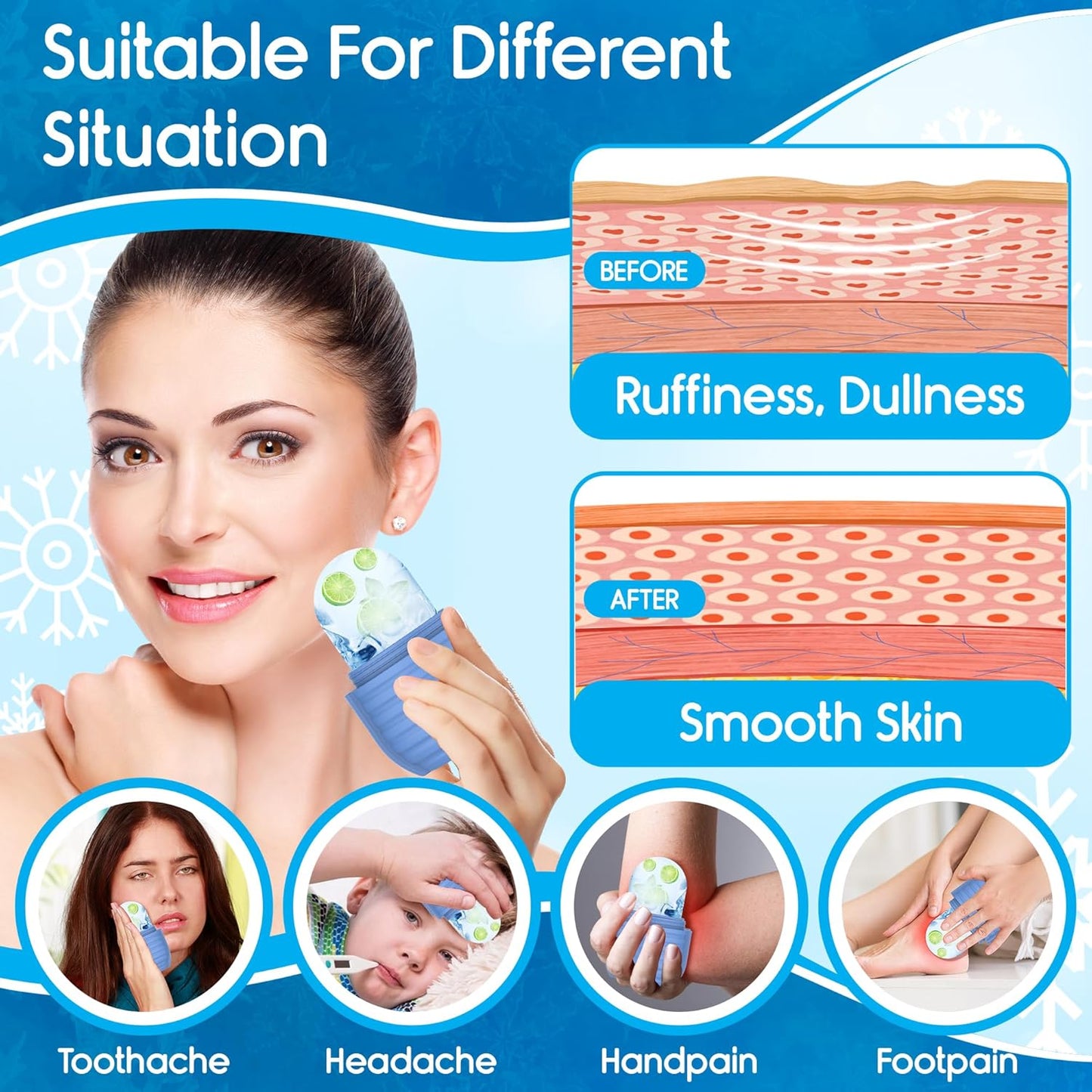 2Pcs Ice Roller for Face, Ice Face Roller, Reusable Silicone Ice Mold for Face, Facial Beauty Ice Roller Skin Care Tools for Shrink Pores Anti Wrinkle Reduce Puffiness (Blue + Pink)