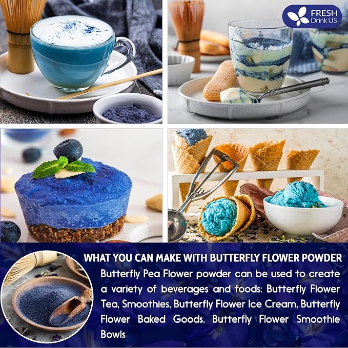 FreshDrinkUS Premium 16oz Butterfly Pea Flower Powder, 100% Natural and Pure, No Additives, No Gluten, No Sugar, Vegan