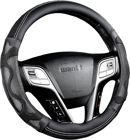 Iwantit® Steering Wheel Cover with 3D Honeycomb Anti-Slip Design and Breathable Fabrics, Universal 14.5-15 Inch (White/Black)