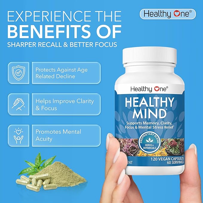 Healthy Mind - Safe for Teens - Brain Fog - Cognitive Function - Concentration - Focus - Neural Optimization - Mood - Ginkgo Biloba - Ginseng - Rhodiola - Bacopa - Gotu Kola - Green Tea - 150 Count