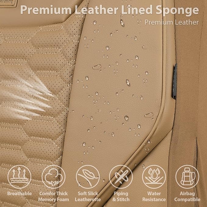 CAR PASS 3D Foam PU Leather Car Seat Covers Full Set,Tan Breathable Faux Leather Seat Covers for Car,Anti Slip Universal Fit for SUVs Vans Sedan Truck Automotive,Armrest Airbag Compatible All Beige
