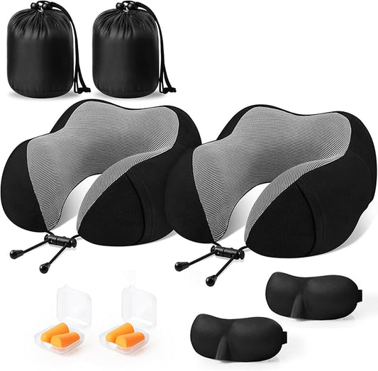 CloudBliss Travel Pillow Premium Memory Foam, Comfortable & Supportive Neck Pillow, Neck Pillows for Sleeping Travel, Airplane Pillow for Sleeping Airplane, Car, Office and Home（Black & Black）