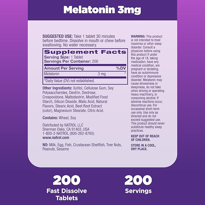 Natrol Fast Dissolve Melatonin 3 mg, Supplements for Restful Sleep, Sleep Support for Adults, 200 Strawberry-Flavored Melatonin Tablets, Up to a 200 Day Supply